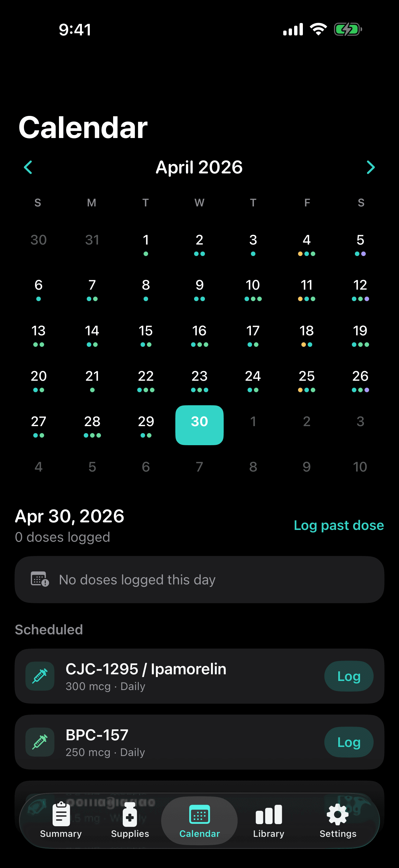 Stackr Calendar — April 2026 monthly view with dose-completion dots on each day