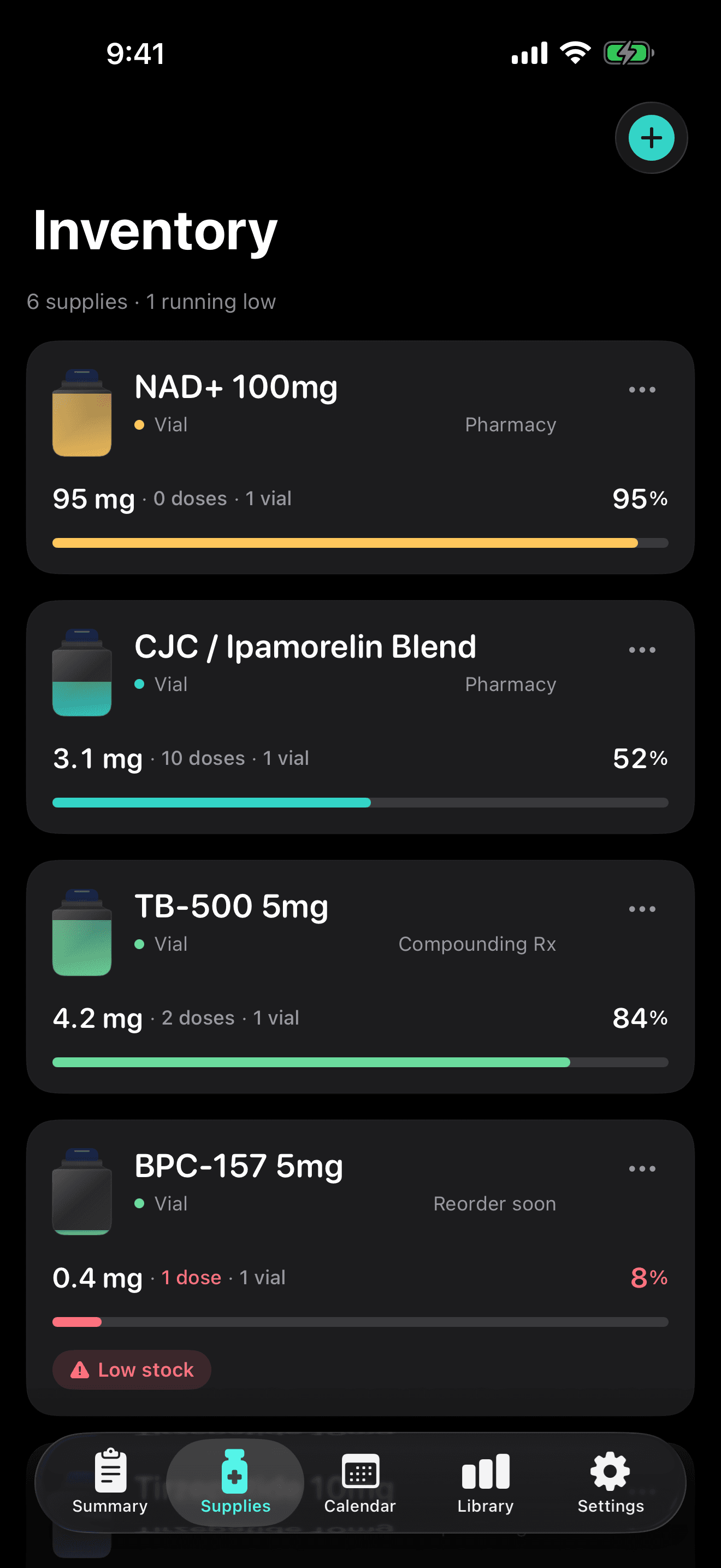 Stackr Inventory tab — NAD+, CJC/Ipamorelin, TB-500, BPC-157 vials with live percentages and a low-stock warning